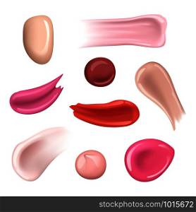 Paint cream smear. Cosmetic splashes and drops moisturizer female polish nails vector realistic makeup collections. Colored smear cream, splash for skincare creamy illustration. Paint cream smear. Cosmetic splashes and drops moisturizer female polish nails vector realistic makeup collections
