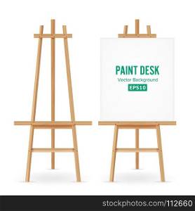 Paint Desk Vector. Artist Easel Set With White Paper. Isolated On White Background. Realistic Painter Desk Blank Canvas On painting Easel.. Paint Desk Vector. Artist Easel Set With White Paper. Isolated On White Background. Realistic Painter Desk Blank Canvas On Easel.