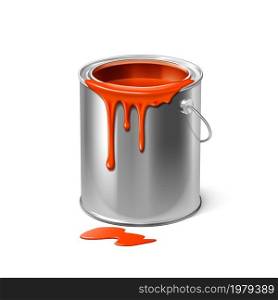 Paint Dripping Down From Bucket Package Vector. Paint Spilling From Blank Metallic Container. Painter Liquid For Make Renovation, Artist Accessory For Painting Template Realistic 3d Illustration. Paint Dripping Down From Bucket Package Vector