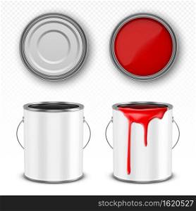 Paint metal bucket, tin can with red ink in front, top and bottom view. Vector realistic 3d mockup of blank steel container with handle and paint drips isolated on transparent background. Red paint bucket, steel can with paint drips