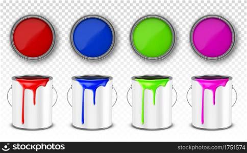 Paint metal bucket, tin cans with red, blue, pink and green ink in front and top view. Vector realistic 3d mockup of open steel containers with handle and paint drips isolated on white background. Paint buckets, steel cans with paint drips