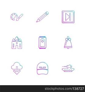 paint, pencil , pause, play , prayer mat , bell, download, police, tank ,icon, vector, design,  flat,  collection, style, creative,  icons