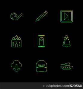 paint, pencil , pause, play , prayer mat , bell, download, police, tank ,icon, vector, design, flat, collection, style, creative, icons
