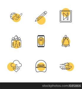 paint, pencil , pause, play , prayer mat , bell, download, police, tank ,icon, vector, design, flat, collection, style, creative, icons