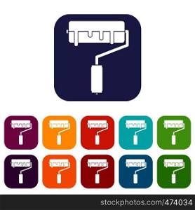 Paint roller with paint icons set vector illustration in flat style In colors red, blue, green and other. Paint roller with paint icons set