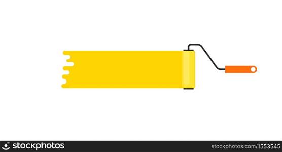 Paint roller yellow brush trace on white wall, vector isolated illustration