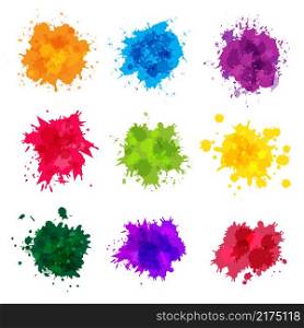 Paint splashes. Colored backdrop abstract splatter graphics ink yellow blue green magenta recent vector collection splashes template. Splatter green and blue splash, stain artistic dirty illustration. Paint splashes. Colored backdrop abstract splatter graphics ink yellow blue green magenta recent vector collection splashes template