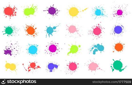 Paint splashes. Colorful liquid paints splatter. Colored ink drops, stains, blots. Abstract grunge color inkblot shape silhouette vector set. Bright watercolor collection isolated on white. Paint splashes. Colorful liquid paints splatter. Colored ink drops, stains, blots. Abstract grunge color inkblot shape silhouette vector set