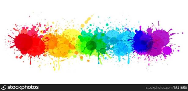 Paint splatter banner, rainbow watercolor paint stains. Colorful splattered spray paints, abstract color ink explosion vector background. Beautiful bright spot design, festive splashes. Paint splatter banner, rainbow watercolor paint stains. Colorful splattered spray paints, abstract color ink explosion vector background