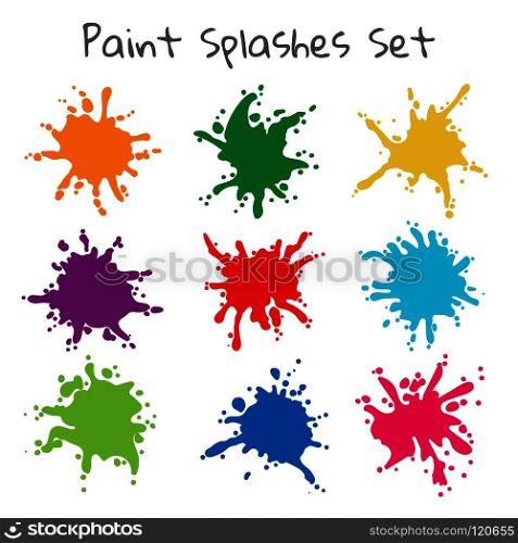 Paint splatters. Vector colorful painted splashes or color stains, inkblot blob shapes isolated on white background. Colorful paint splatters