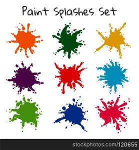 Paint splatters. Vector colorful painted splashes or color stains, inkblot blob shapes isolated on white background. Colorful paint splatters