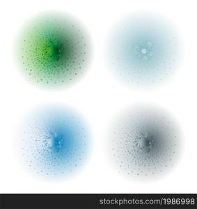 Paint spray effect.Green, aqua, ice blue, silver color splashes spheres. Vector clip art illustration isolated on white. Paint spray effect.Green, aqua, ice blue, silver