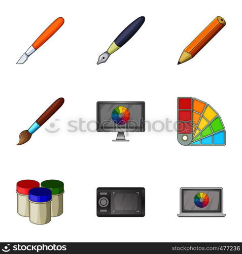 Paint tools interface icons set. Cartoon set of 9 paint tools interface vector icons for web isolated on white background. Paint tools interface icons set, cartoon style