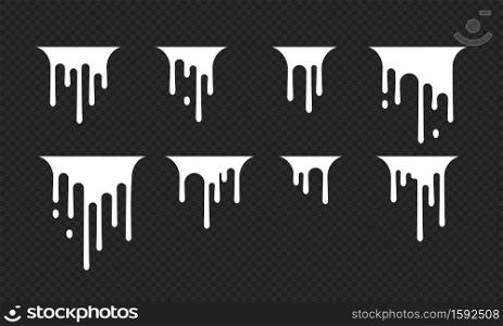 Paint white dripping. Dripping milk drops, melted white liquid yoghurt. molten texture isolated on transparent background. Vector illustration EPS 10.. Paint white dripping. Dripping milk drops, melted white liquid yoghurt. molten texture isolated on transparent background. Vector illustration EPS 10