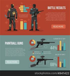 Paintball Banners Set. Two horizontal banners set with paintball battle results and guns statistics flat isolated vector illustration