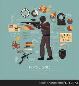 Paintball Battle Illustration. Paintball player battle results and game stuff flat vector illustration