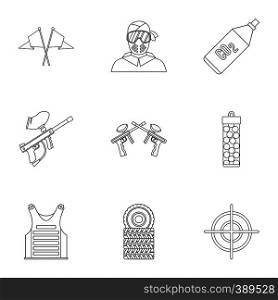 Paintball club icons set. Outline illustration of 9 paintball club vector icons for web. Paintball club icons set, outline style
