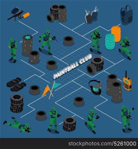 Paintball Club Isometric Infographics. Isometric infographics with flowchart of paintball club elements including equipment and players on blue background vector illustration
