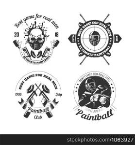 Paintball game sport club logo templates of gamer shooting target or paint ball gun and man skull in paintball mask with ribbons and stars. Vector isolated icons set. Paintball game sport club logo templates of gamer shooting target or paint ball gun