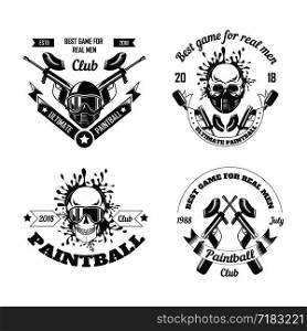 Paintball game sport club logo templates of gamer shooting target or paint ball gun and man skull in paintball mask with ribbons and stars. Vector isolated icons set. Paintball game sport club logo templates of gamer shooting target or paint ball gun