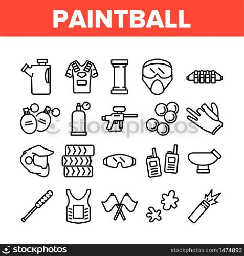 Paintball Game Tool Collection Icons Set Vector. Paintball Sport Equipment, Paint Ball Marker, Uniform, Mask, Chest Protection Concept Linear Pictograms. Monochrome Contour Illustrations. Paintball Game Tool Collection Icons Set Vector