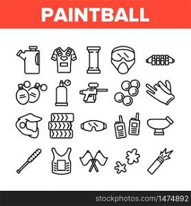 Paintball Game Tool Collection Icons Set Vector. Paintball Sport Equipment, Paint Ball Marker, Uniform, Mask, Chest Protection Concept Linear Pictograms. Monochrome Contour Illustrations. Paintball Game Tool Collection Icons Set Vector