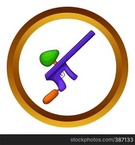 Paintball gun vector icon in golden circle, cartoon style isolated on white background. Paintball gun vector icon