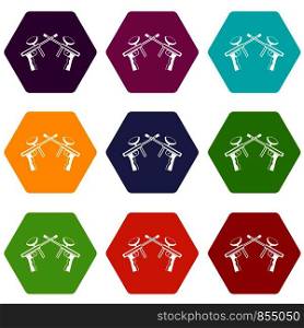 Paintball guns icon set many color hexahedron isolated on white vector illustration. Paintball guns icon set color hexahedron