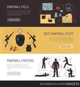 Paintball Horizontal Banners. Paintball horizontal flat banners with players best stuff and field isolated vector illustration