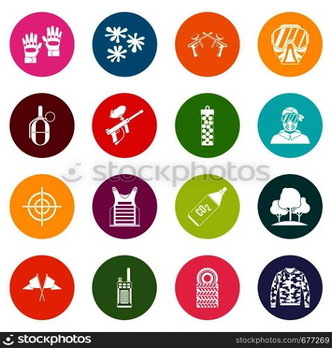 Paintball icons many colors set isolated on white for digital marketing. Paintball icons many colors set