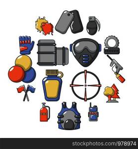 Paintball icons set. Cartoon illustration of 16 paintball vector icons for web. Paintball icons set, cartoon style