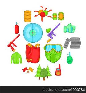 Paintball icons set in cartoon style. Gun game set isolated vector illustration. Paintball icons set, cartoon style