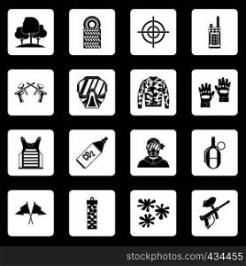 Paintball icons set in white squares on black background simple style vector illustration. Paintball icons set squares vector