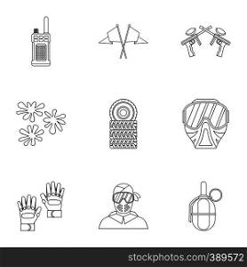 Paintball icons set. Outline illustration of 9 paintball vector icons for web. Paintball icons set, outline style