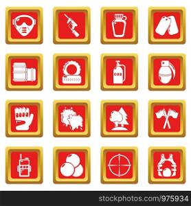 Paintball icons set vector red square isolated on white background . Paintball icons set red square vector