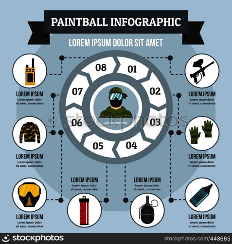 Paintball infographic banner concept. Flat illustration of paintball infographic vector poster concept for web. Paintball infographic concept, flat style