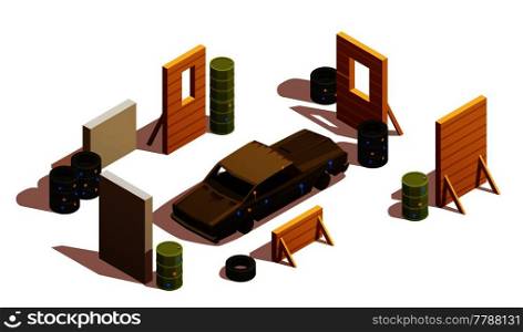 Paintball isometric composition with burned-out car surrounded by barriers and pieces of scenery with shadows vector illustration. Paintball Playground Isometric Composition