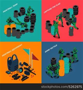 Paintball Isometric Compositions. Paintball isometric compositions with equipment and team of players capture flag and game tactics isolated vector illustration