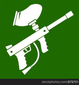 Paintball marker icon white isolated on green background. Vector illustration. Paintball marker icon green