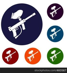 Paintball marker icons set in flat circle reb, blue and green color for web. Paintball marker icons set