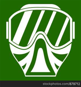 Paintball mask icon white isolated on green background. Vector illustration. Paintball mask icon green