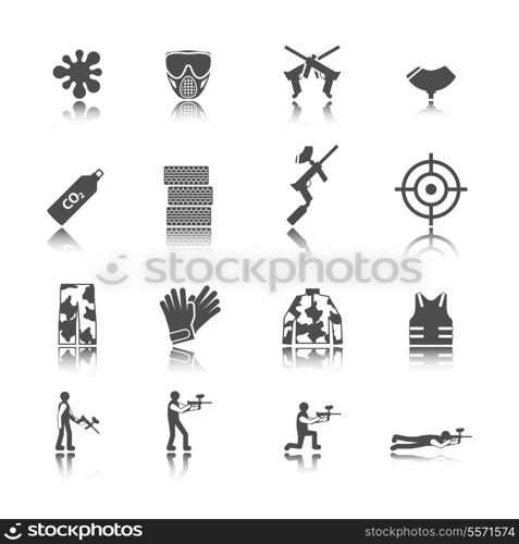 Paintball outdoor game black stickers icons collection isolated vector illustration