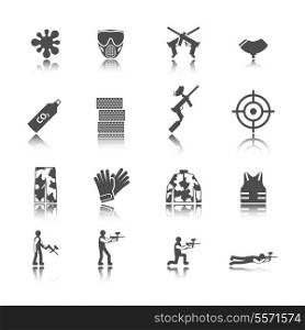 Paintball outdoor game black stickers icons collection isolated vector illustration