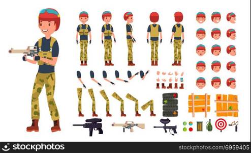 Paintball Player Male Vector. Animated Character Creation Set. Paintball Game Battle Player Man. Full Length, Front, Side, Back View, Accessories, Poses, Emotions, Gestures. Isolated Flat Illustration. Paintball Player Male Vector. Animated Character Creation Set. Paintball Game Battle Player Man. Full Length, Front, Side, Back View, Accessories, Poses, Emotions, Gestures Isolated Illustration