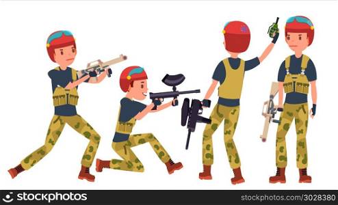 Paintball Player Vector. Proffesional Sport. Holding Paintball Weapon. Man Paintball Player. Isolated On White Cartoon Character Illustration. Paintball Player Vector. Battle. Team Members. Professional Gamer. Bright Splashes. Uniform. Competitions Flat Cartoon Illustration