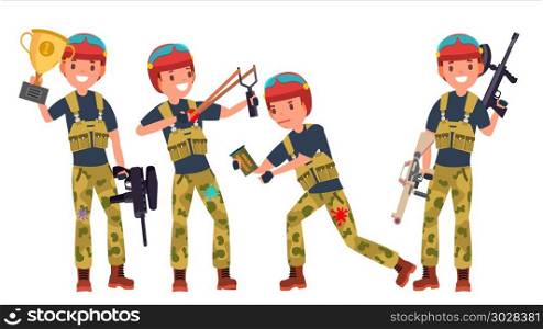 Paintball Player Vector. Shooting, Running. Teammates In Different Poses. Gun. Battle Sport Competitions. Cartoon Character Illustration. Paintball Player Vector. Proffesional Sport. Holding Paintball Weapon. Man Paintball Player. Isolated On White Cartoon Character Illustration
