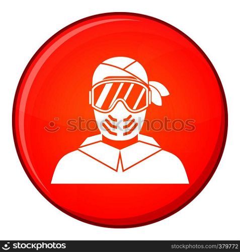 Paintball player wearing protective mask icon in red circle isolated on white background vector illustration. Paintball player wearing protective mask icon