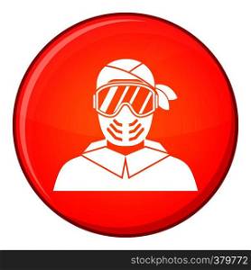 Paintball player wearing protective mask icon in red circle isolated on white background vector illustration. Paintball player wearing protective mask icon