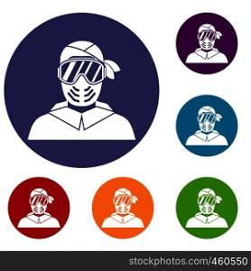 Paintball player wearing protective mask icons set in flat circle reb, blue and green color for web. Paintball player wearing protective mask icons set