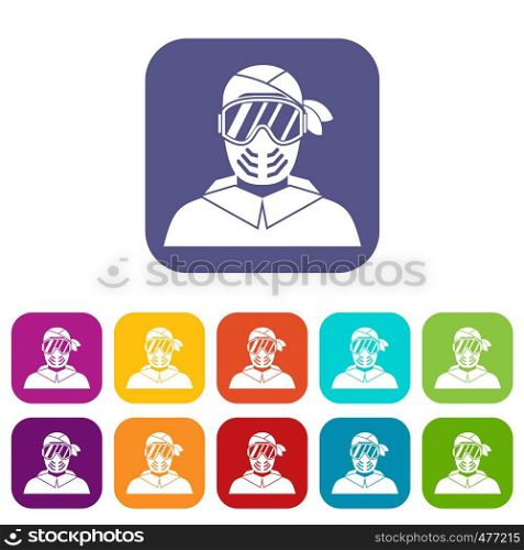 Paintball player wearing protective mask icons set vector illustration in flat style in colors red, blue, green, and other. Paintball player wearing protective mask icons set